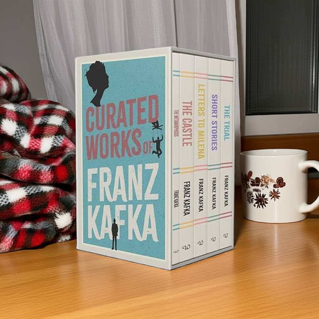 Curated Works by Franz Kafka box set on a wooden table with a warm blanket and a mug, cosy reading nook scene with soft daylight