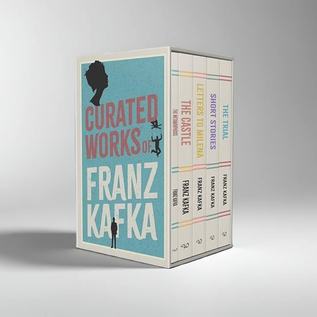 Franz Kafka Curated Works 5 Book Box Set on white studio background including The Trial, The Castle, The Metamorphosis