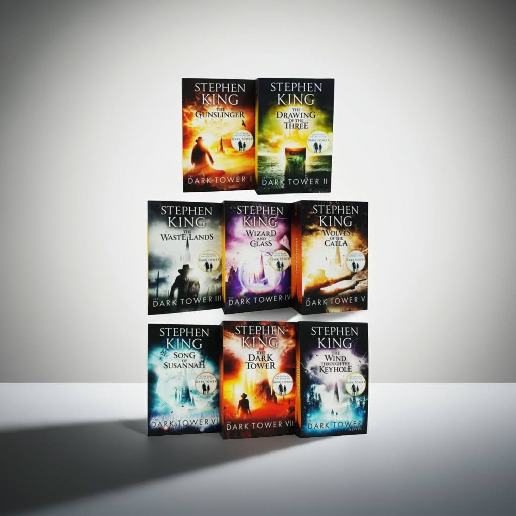 The Dark Tower Series Complete 8 Book Box Set by Stephen King – all front covers displayed on a white studio background