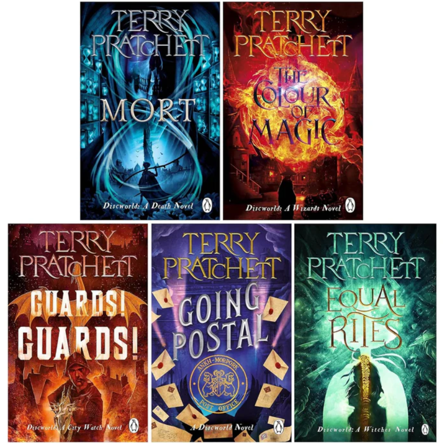 Five book covers of Terry Pratchett's Discworld series on a white background