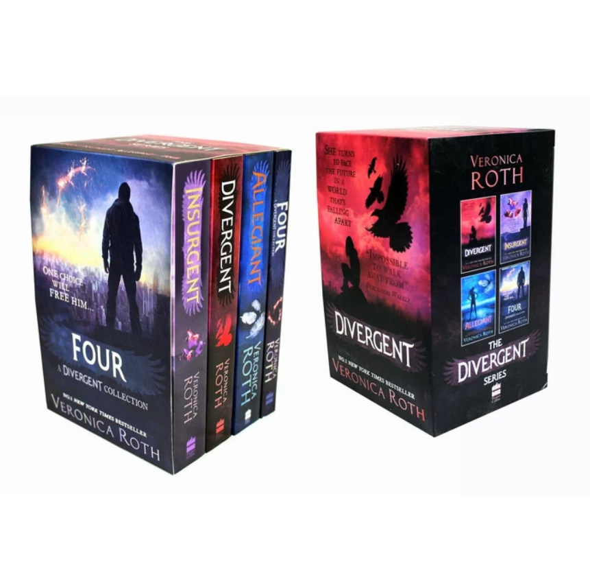 The 'Four' Divergent Collection box set by Veronica Roth, showing the front cover of the collection box, the spines of the four books, and the back cover of the collection box on a plain white background.