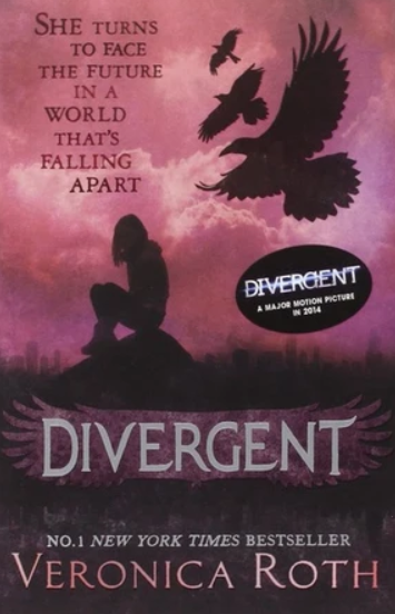 Book cover for 'Divergent' by Veronica Roth, featuring a dark silhouette of a seated figure against a pink and purple cloudy sky with flying birds. The title 'DIVERGENT' appears in large metallic-style letters across the bottom, with the author name below.