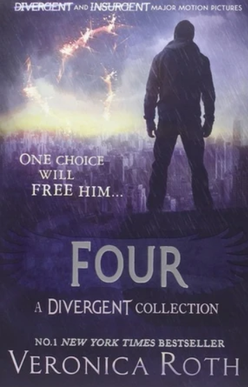 Book cover for 'Four' by Veronica Roth, featuring a dark silhouette of a person standing in a rainy, stormy cityscape with lightning in the sky. The title 'FOUR' is large in the center, with 'A DIVERGENT COLLECTION' and the author name 'VERONICA ROTH' below.