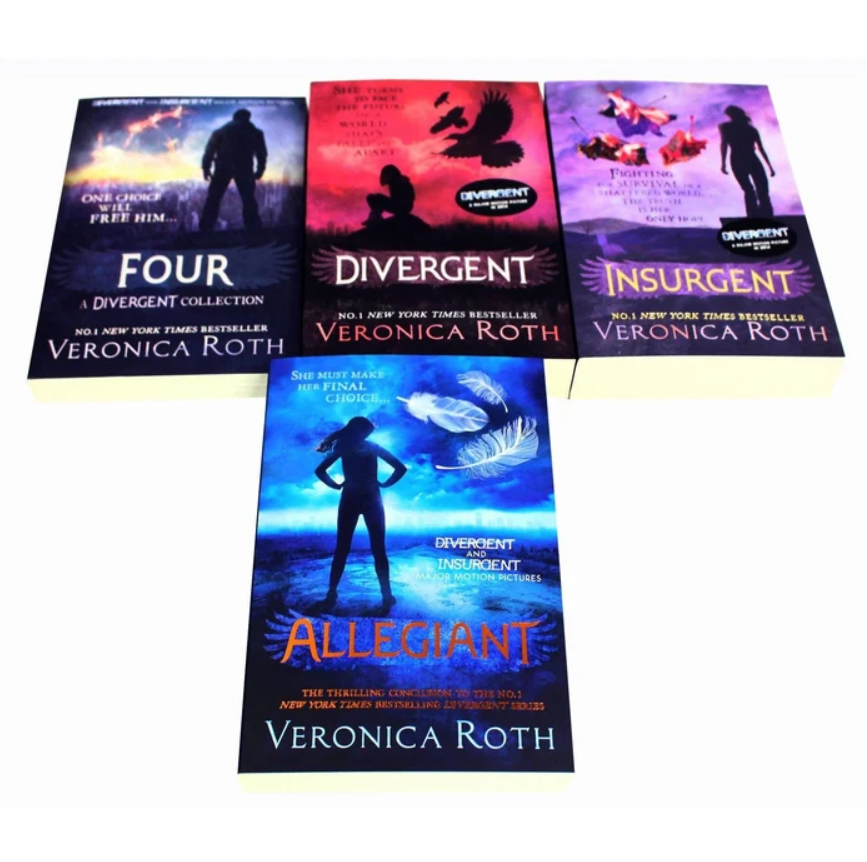 Four paperback books from Veronica Roth's Divergent collection, including Four, Divergent, Insurgent, and Allegiant, arranged on a plain white background.