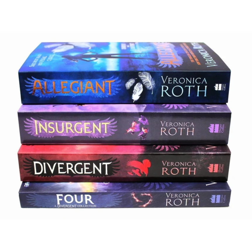 A stack of four Veronica Roth books on a plain white background: Allegiant, Insurgent, Divergent, and Four. The covers show different color palettes, including blue, purple, red, and dark tones, with the author's name and book titles clearly visible.