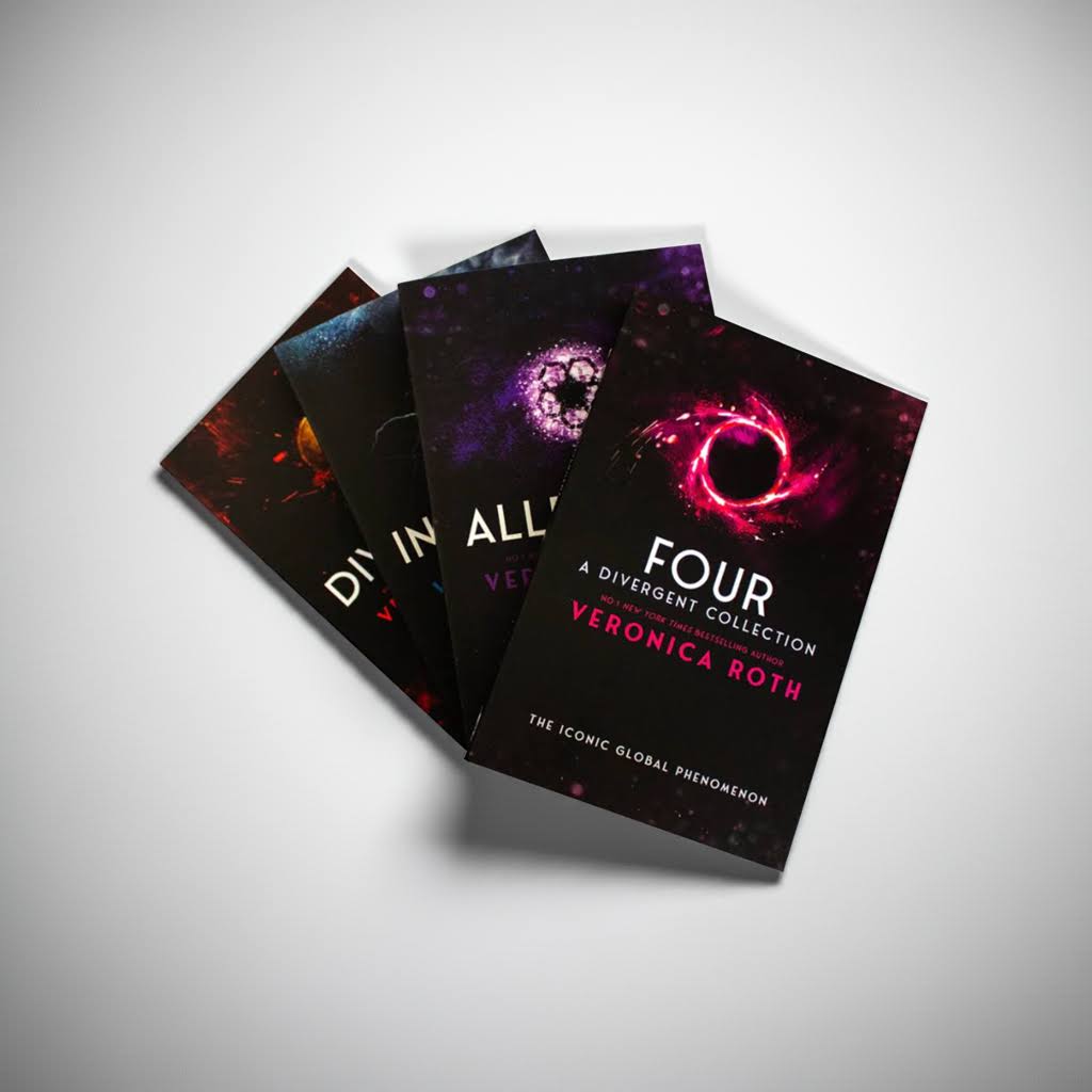 Divergent Series Box Set by Veronica Roth, with all four books—Divergent, Insurgent, Allegiant, and Four—fanned out flat on a white studio surface with clean lighting