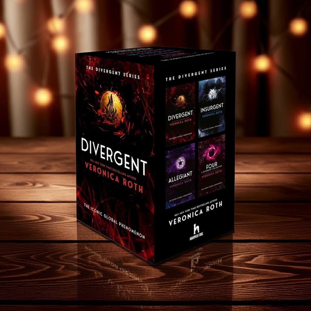 Divergent Series Box Set by Veronica Roth placed on a wooden table with cozy warm lighting and soft shadows, includes all 4 books: Divergent, Insurgent, Allegiant, and Four