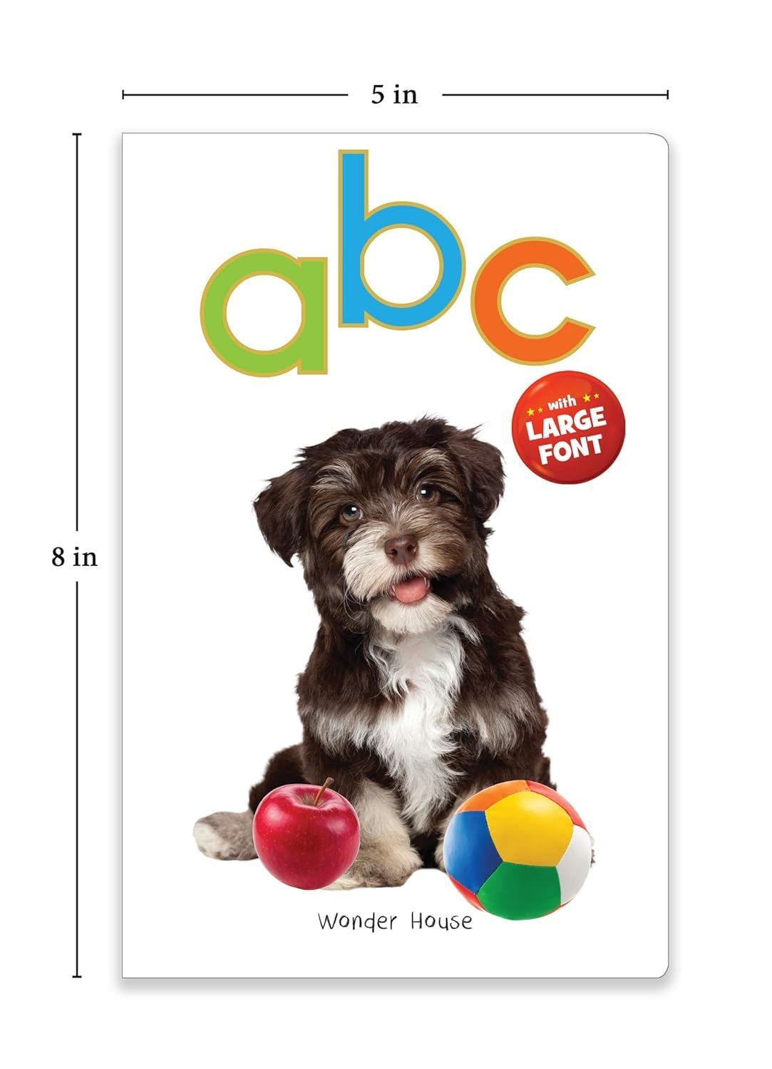 Product packaging with a dog, apple, and ball, labeled 'abc' with large font, on a white background.
