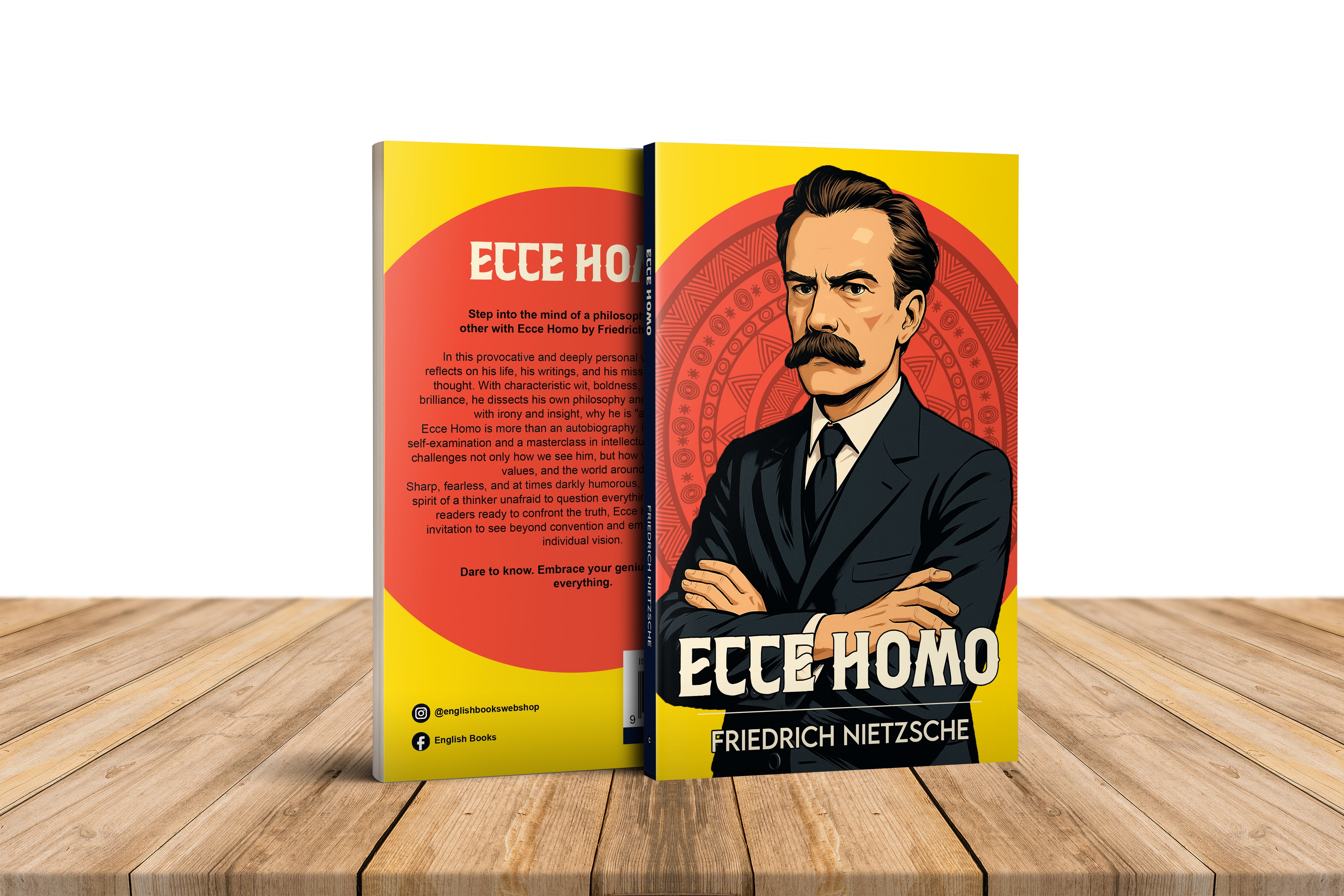 Book titled 'Ecce Homo' by Friedrich Nietzsche on a wooden surface