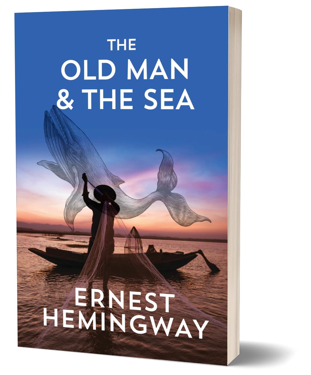 The book cover of 'The Old Man & The Sea' by Ernest Hemingway, shown as a 3D mockup with a white page edge and a soft shadow on a white background.