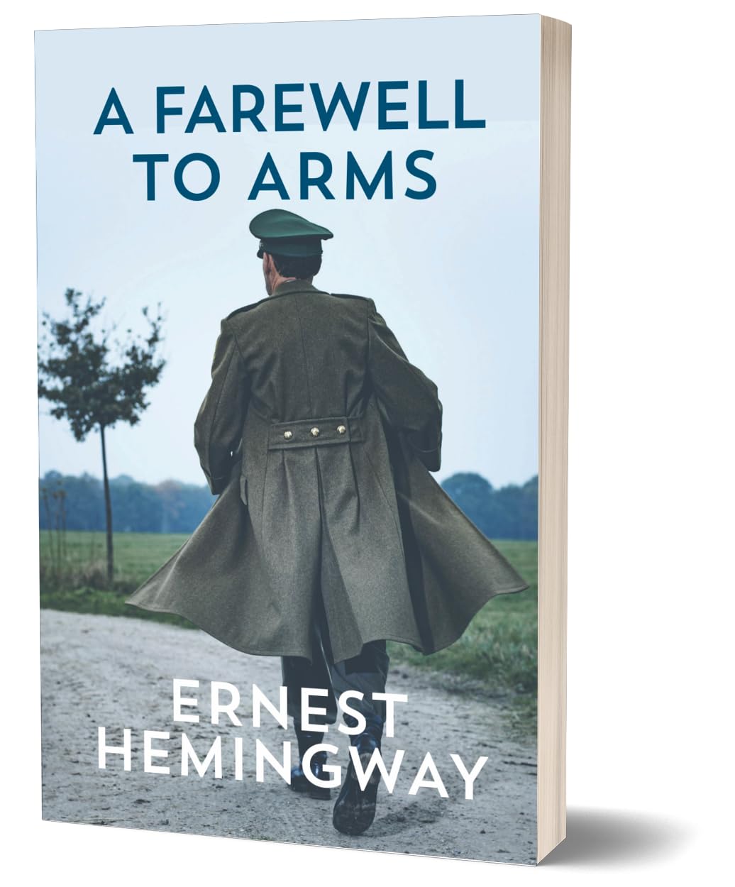 Book cover for 'A Farewell to Arms' by Ernest Hemingway, shown as a 3D mockup with a light wood-toned page edge on a white background.