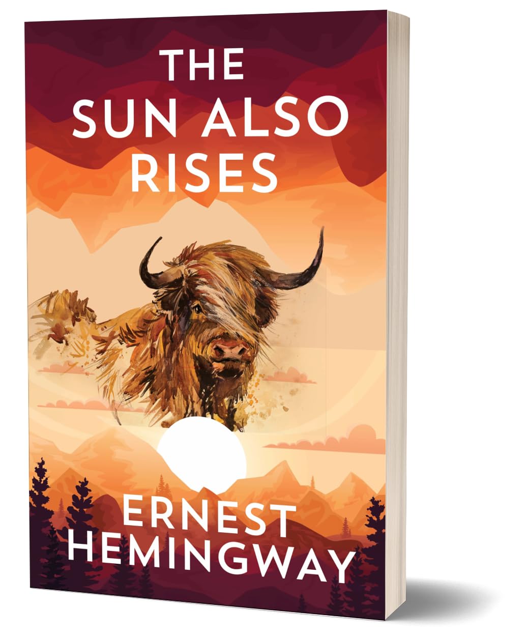Book cover for 'The Sun Also Rises' by Ernest Hemingway, featuring a stylized illustration of a Highland cow against a warm orange and red mountain landscape, shown as a 3D book mockup on a white background.