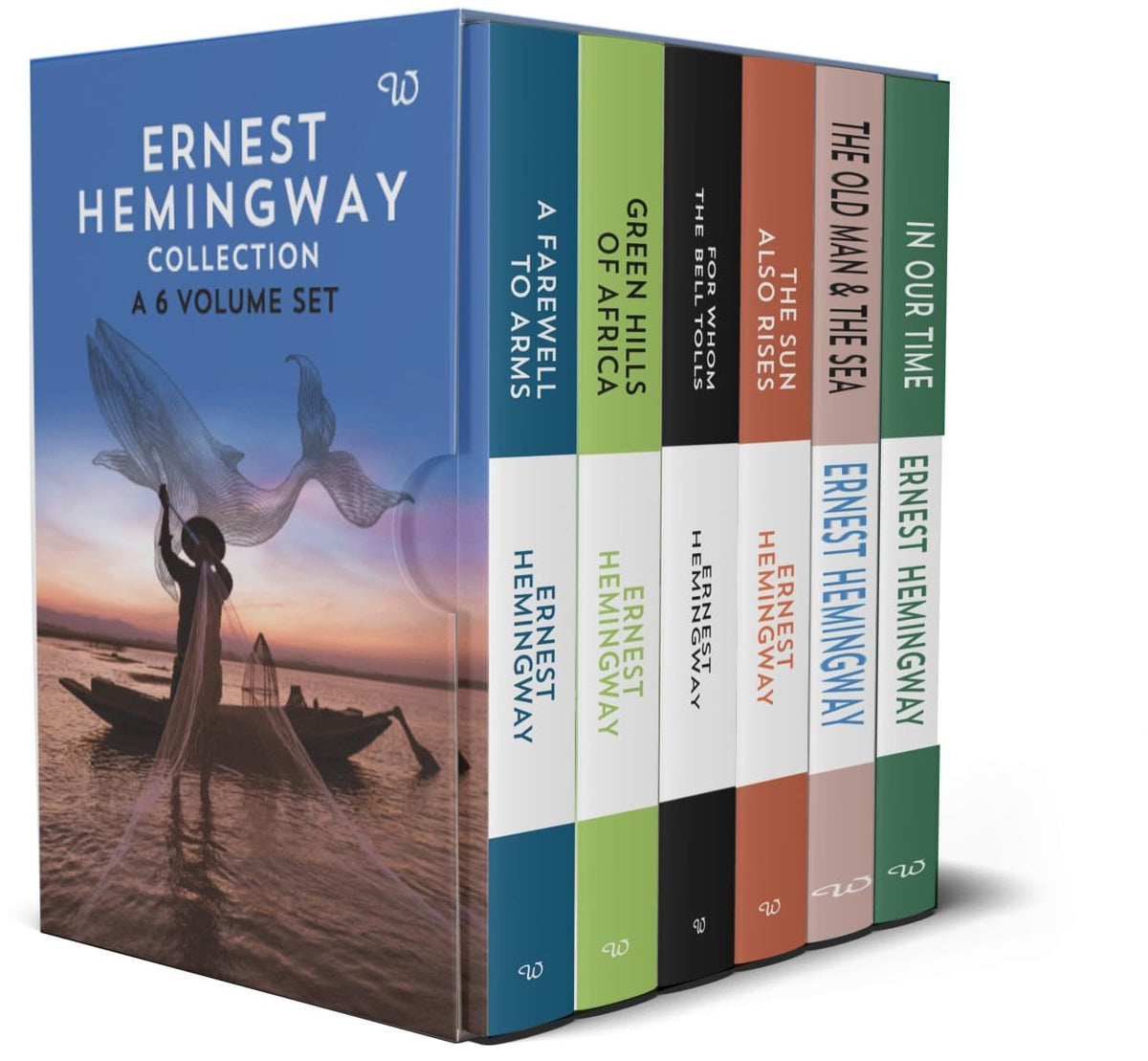 A boxed set of six volumes from Ernest Hemingway's collection, shown as a single product package with the front cover and five standing book spines visible on a clean white background.