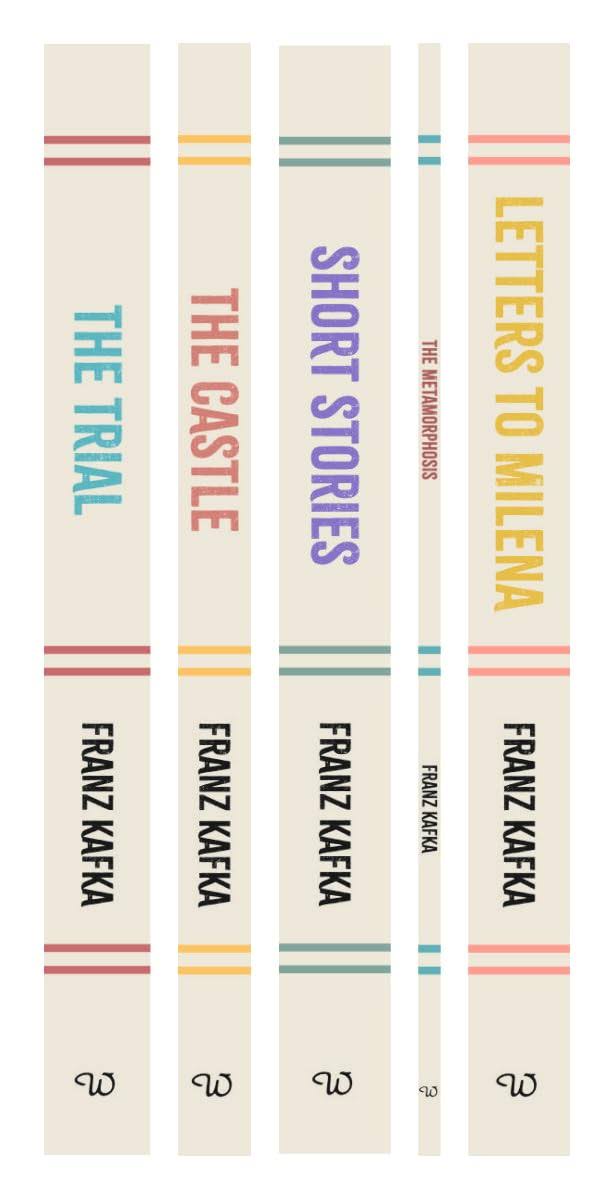 Spines of Franz Kafka 5 Book Box Set including The Trial, The Castle, Short Stories, Letters to Milena, and The Metamorphosis