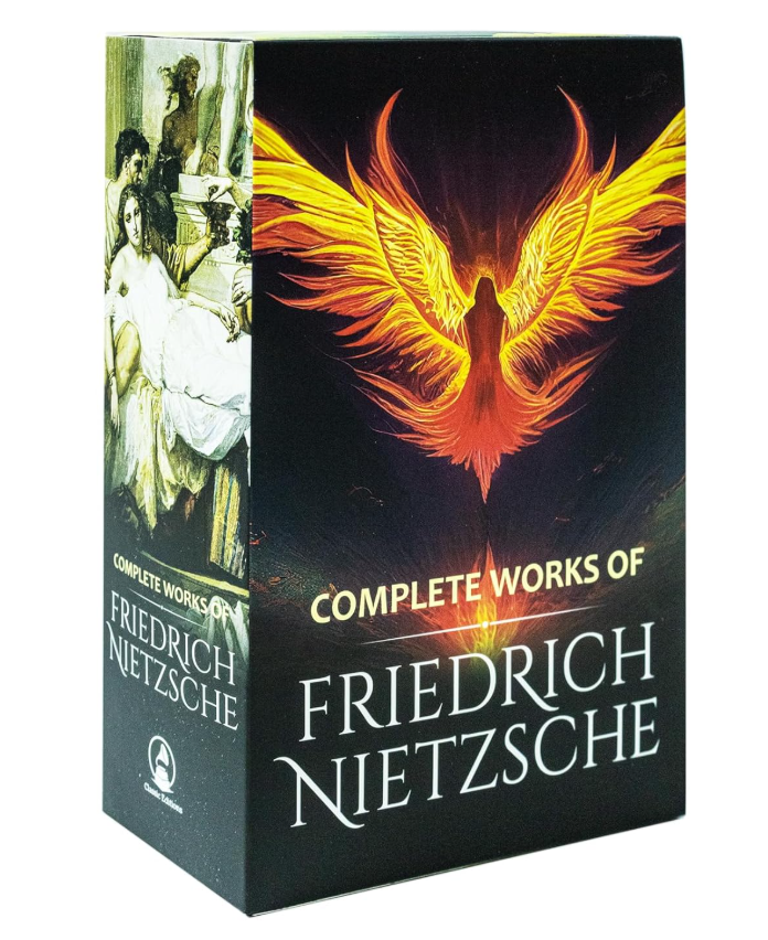 Box set of Friedrich Nietzsche's Complete Works with a phoenix design on the cover.