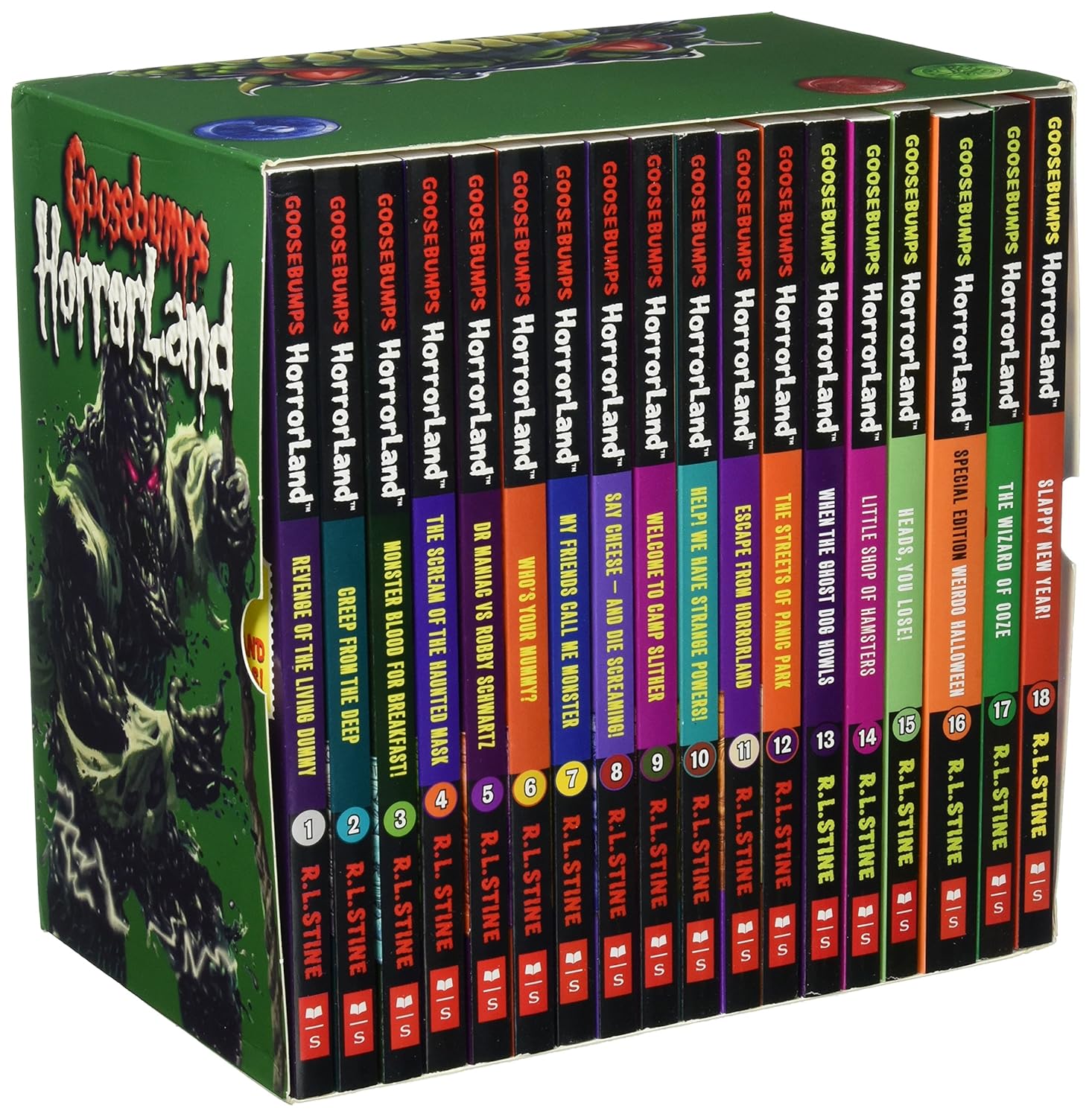 Goosebumps HorrorLand – 18 Book Box Set by R. L. Stine – Complete Collection with Spines Showing Titles from Revenge of the Living Dummy to The Wizard of Ooze