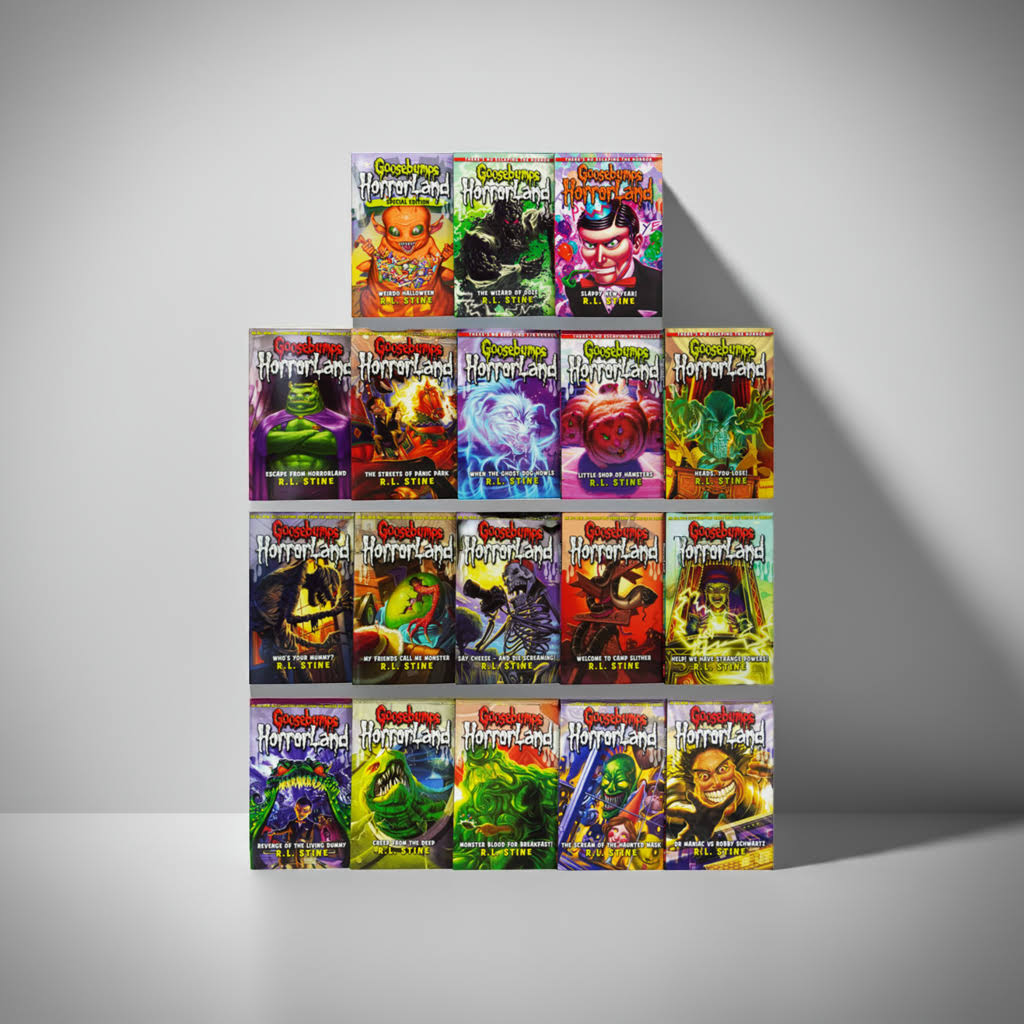 Goosebumps HorrorLand Series Books 1–18 by R.L. Stine – Complete book covers displayed in a pyramid layout on a white studio background