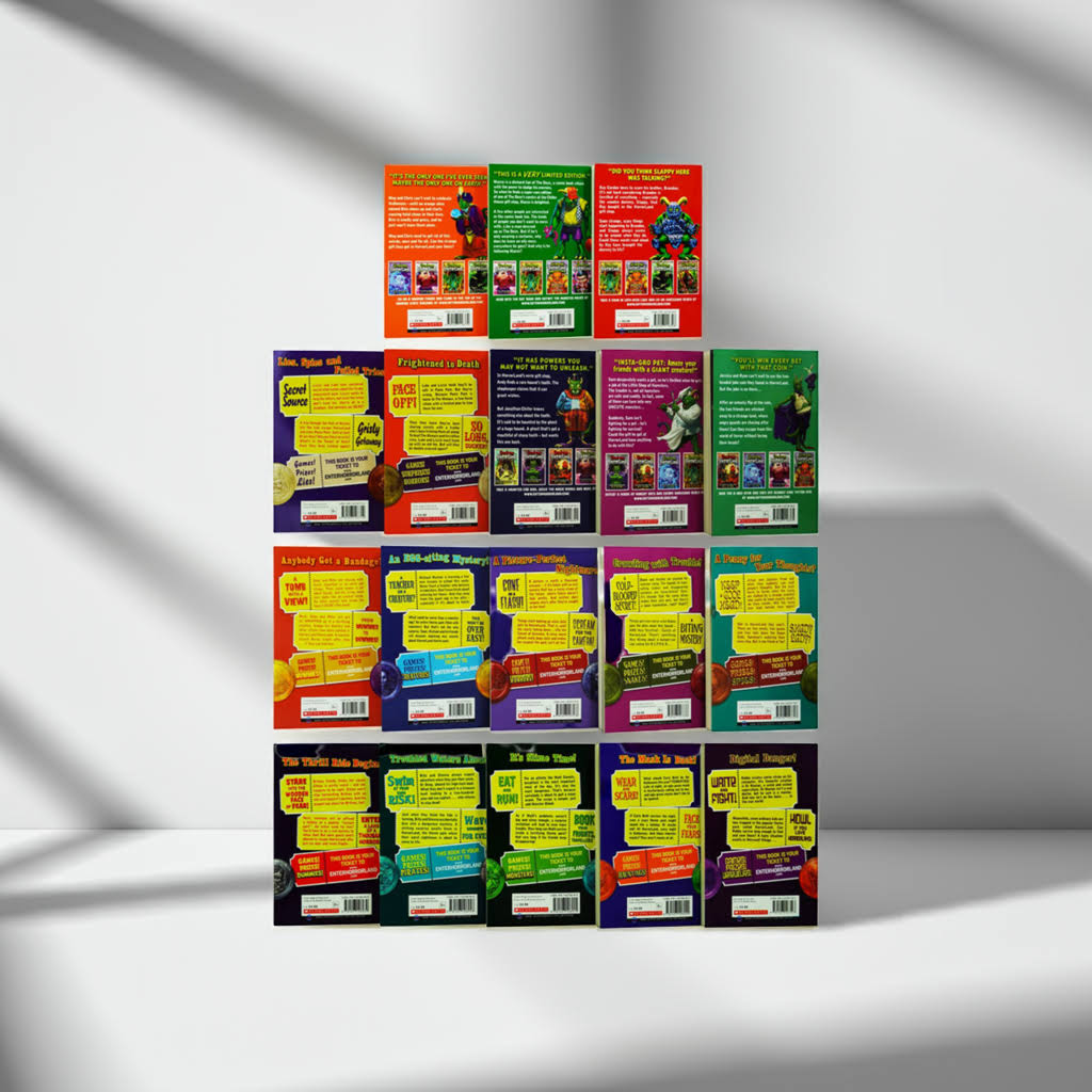 Spines of all 18 books from Goosebumps HorrorLand Series by R.L. Stine stacked neatly on a studio surface with soft shadow background