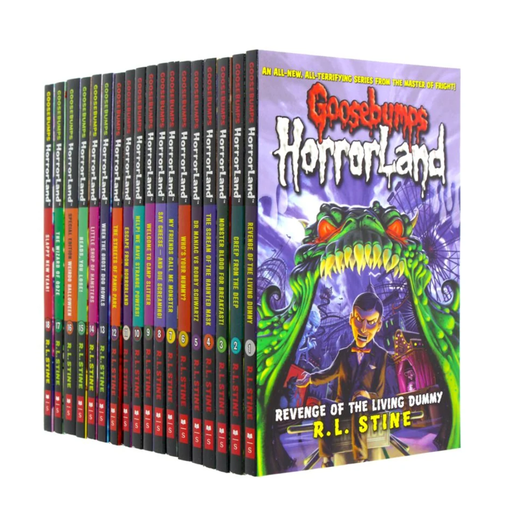 A set of Goosebumps Horrorland paperback books shown in a fanned-out arrangement on a plain white background. The front book displays a colorful cover with a green monster and the title 'Goosebumps Horrorland' in large stylized lettering.
