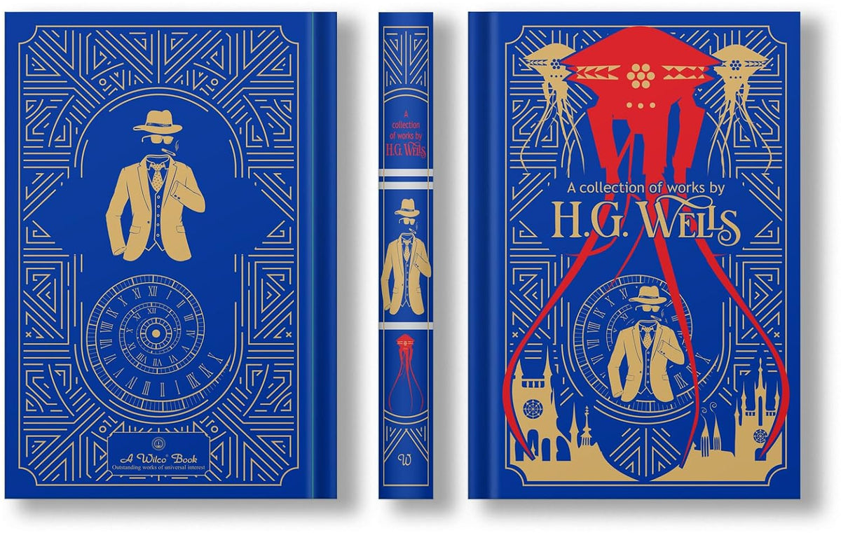 A hardcover book shown from the front, spine, and back covers. The cover design is predominantly deep blue with gold Art Deco-style linework, a stylized figure in a suit and hat, and a large red abstract shape across the front.