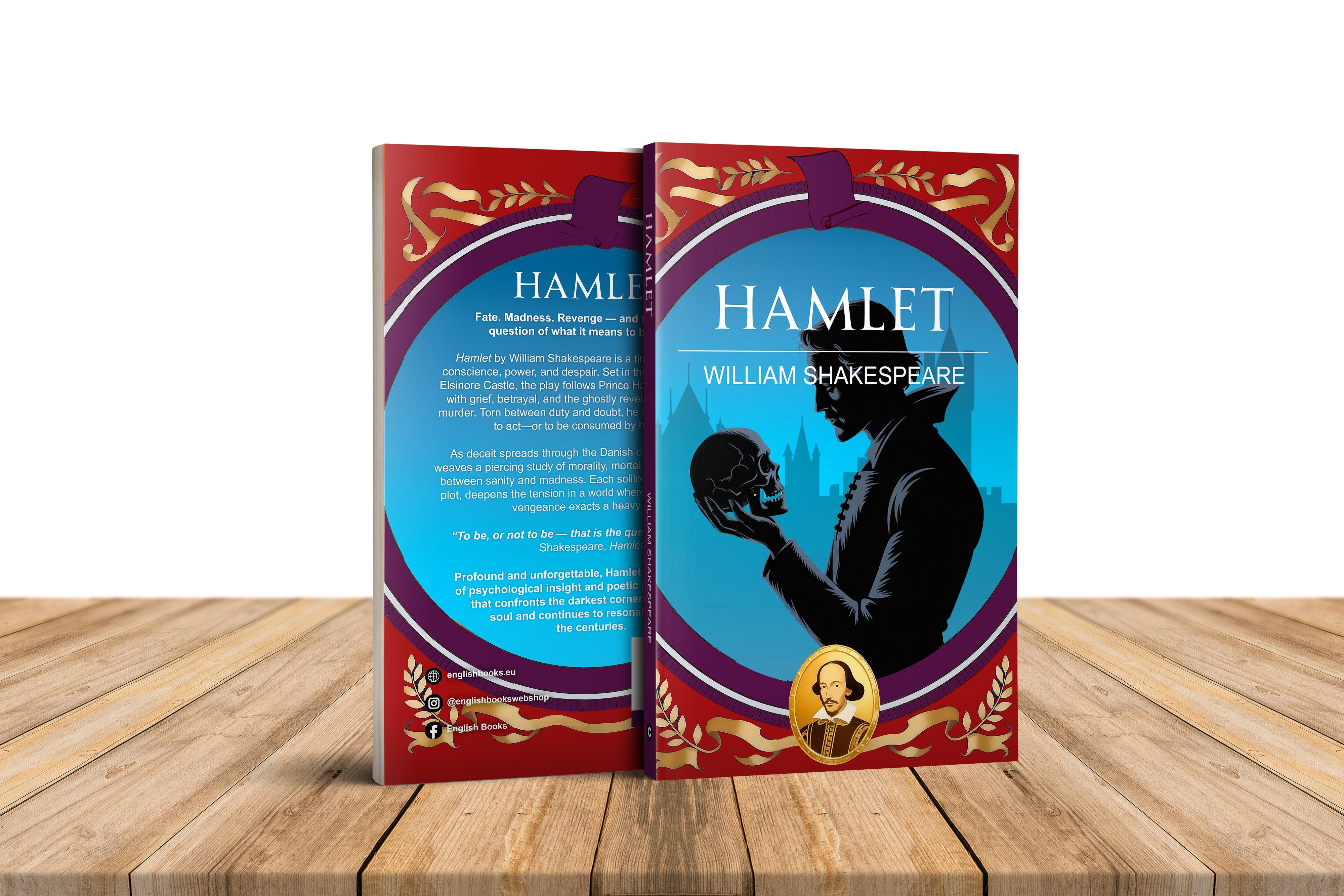 Book titled 'Hamlet' by William Shakespeare on a wooden surface