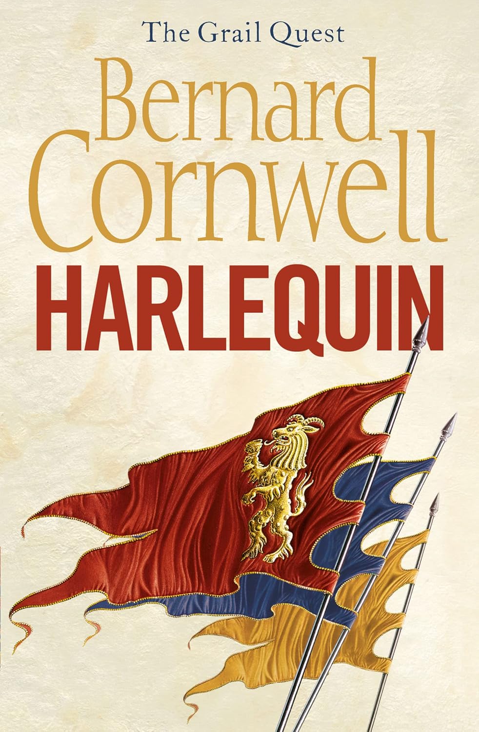 Book cover of 'Harlequin' by Bernard Cornwell featuring a flag and spear on a beige background.