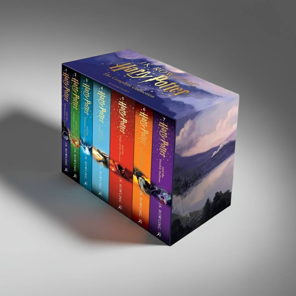 Harry Potter 7 Book Paperback Box Set by J.K. Rowling - Displayed on white studio background with soft shadows