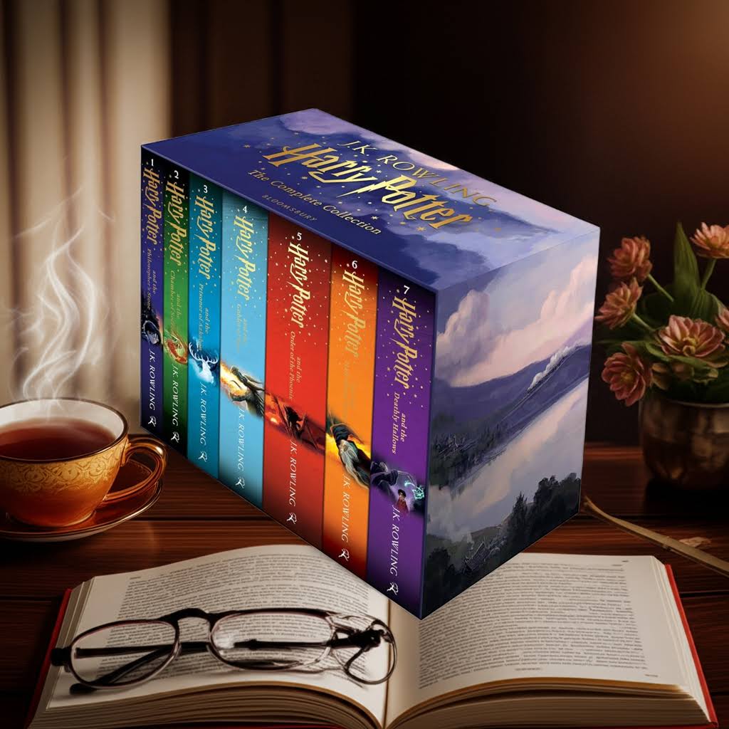 Harry Potter book set next to cup of tea and reading glasses on an open book