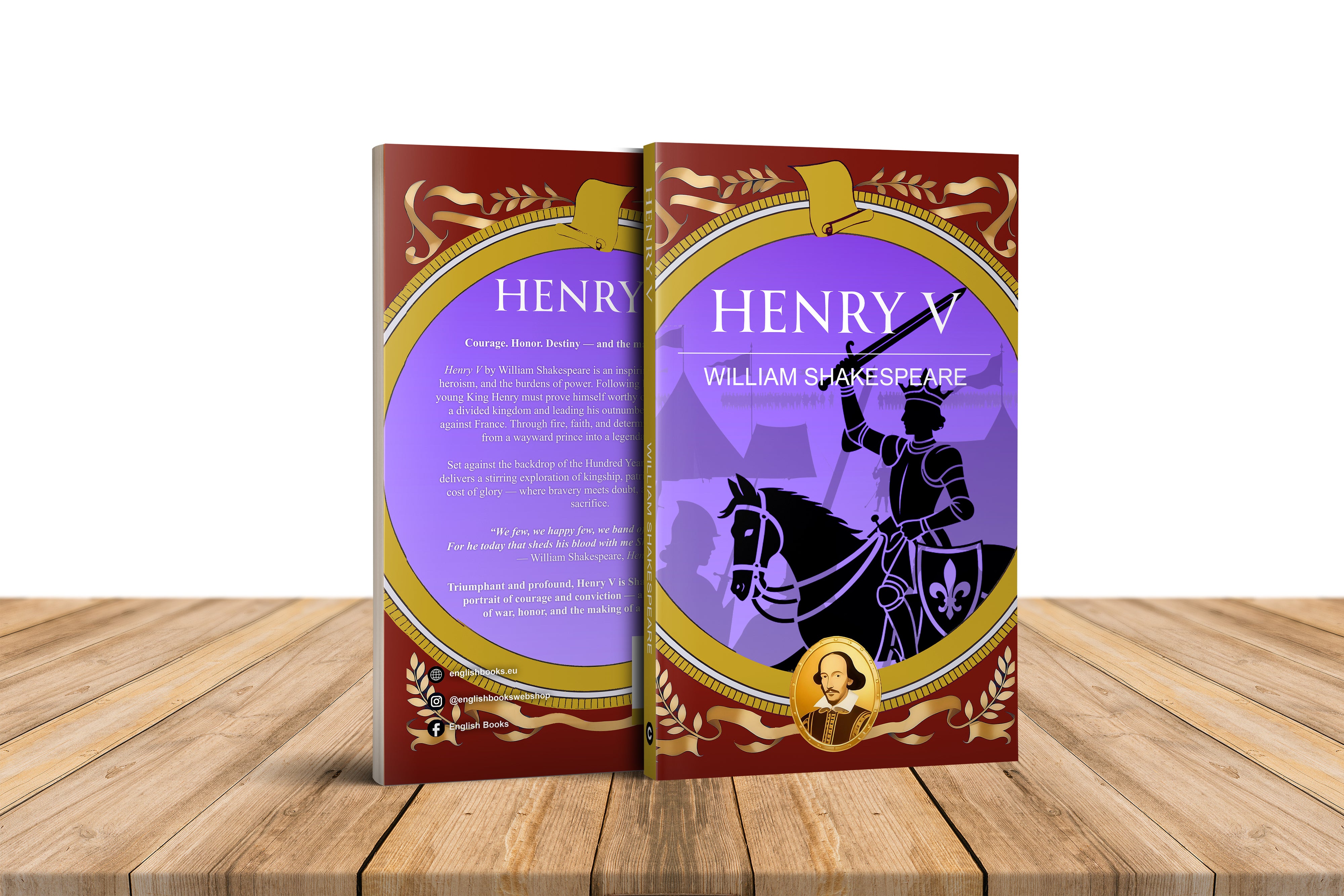 Book titled 'Henry V' by William Shakespeare on a wooden surface
