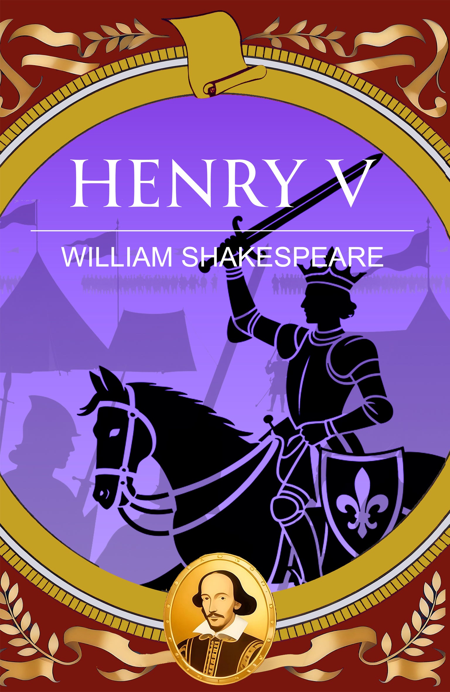 Book cover of 'Henry V' by William Shakespeare with a silhouette of a knight on a horse.