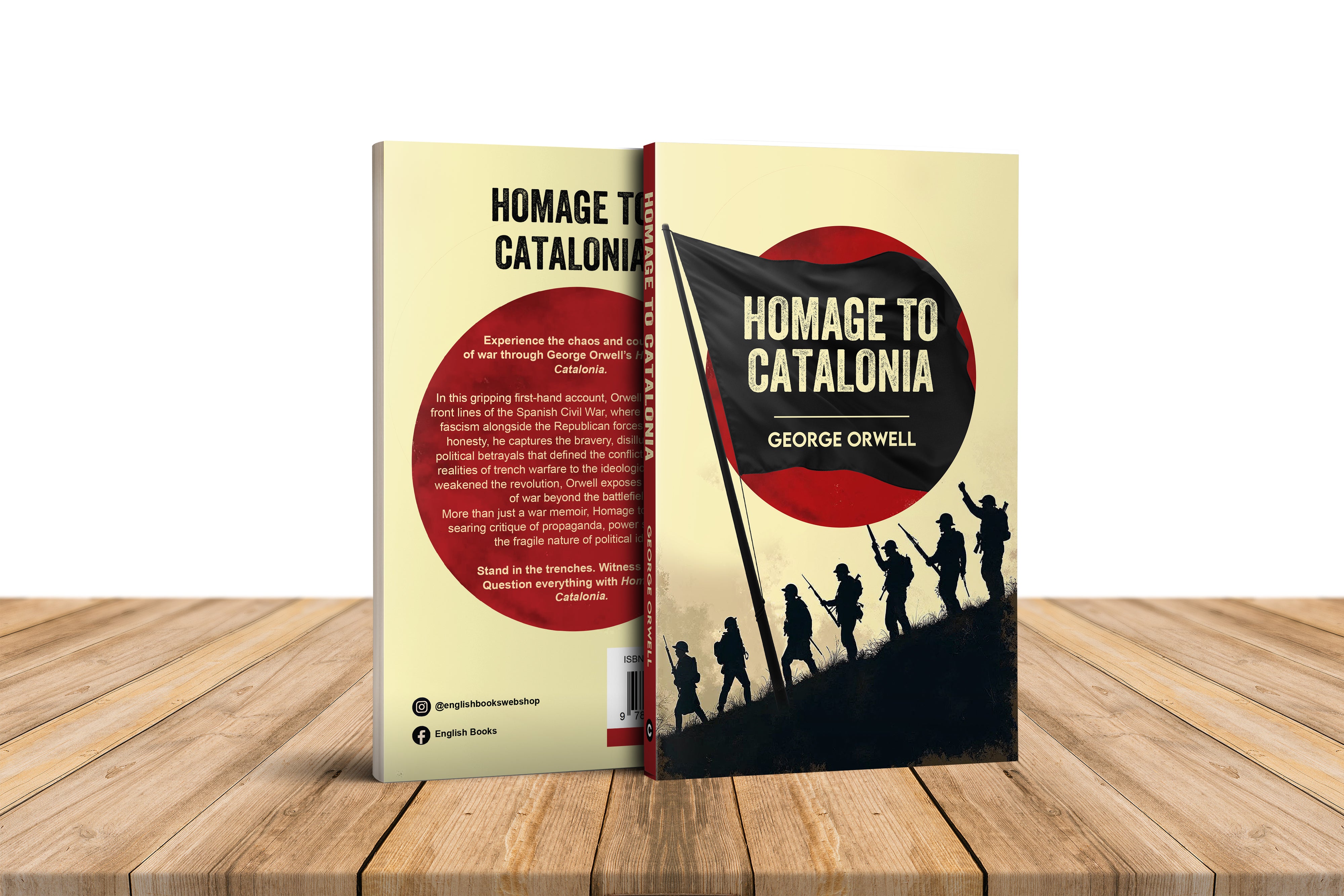 Book titled 'Homage to Catalonia' by George Orwell on a wooden surface