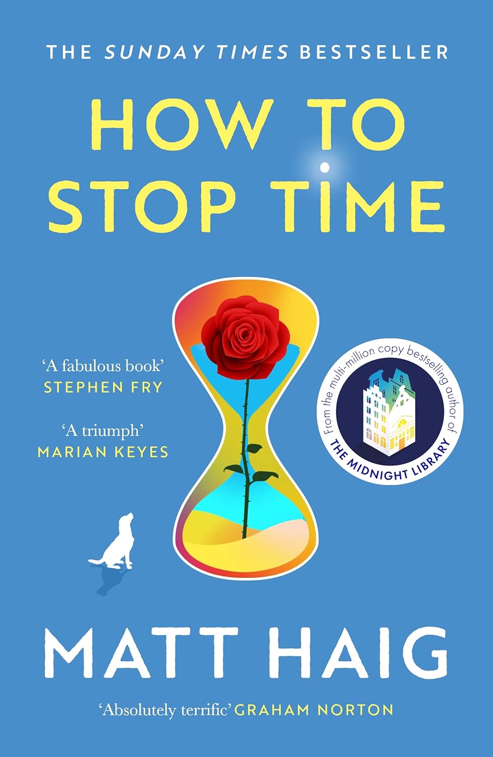 Book cover of 'How to Stop Time' by Matt Haig with a sand hourglass and rose design on a blue background.