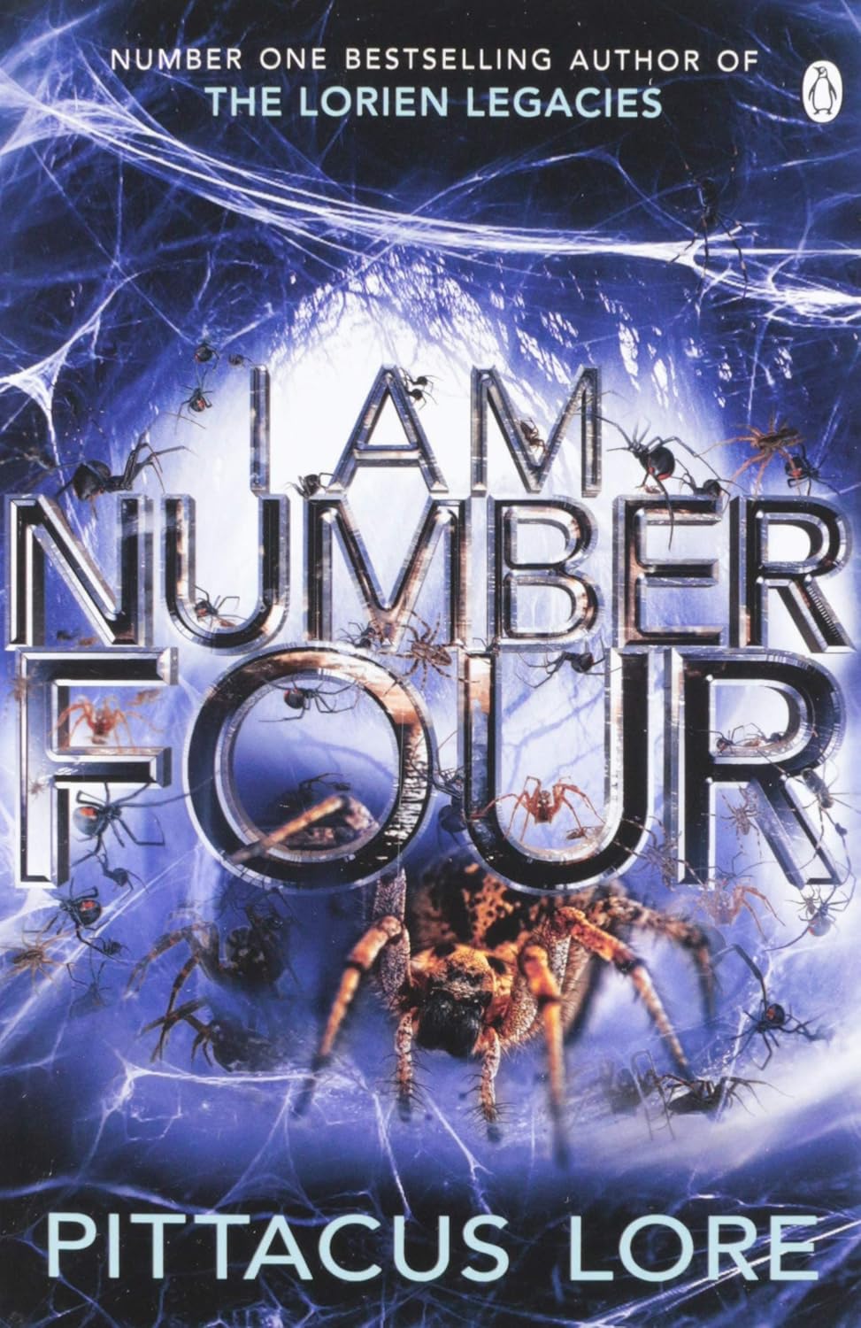 Book cover of 'I Am Number Four' by Pittacus Lore with spider design and text about author.