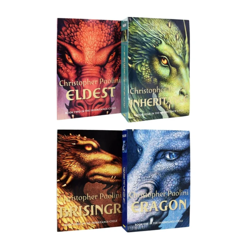 Four fantasy book covers from Christopher Paolini's Dragons series arranged in a 2x2 grid on a white background. The books are Eldest, Inherit, Rising, and Eragon, each featuring a dramatic close-up of a dragon face in different colors: red, green, gold, and blue.