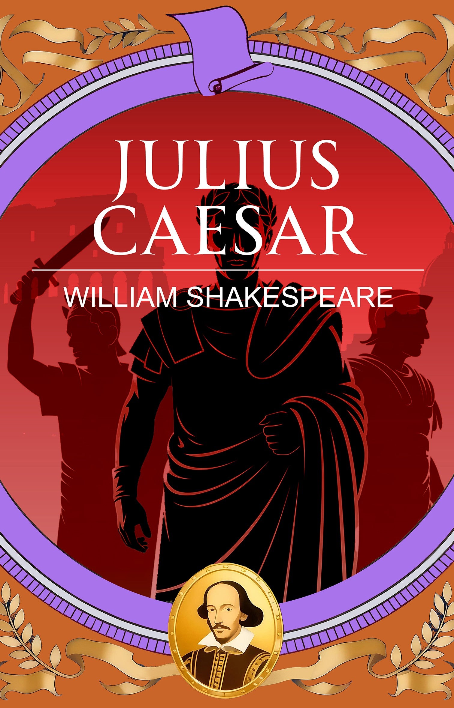 Book cover of 'Julius Caesar' by William Shakespeare with a silhouette of a man and purple border.