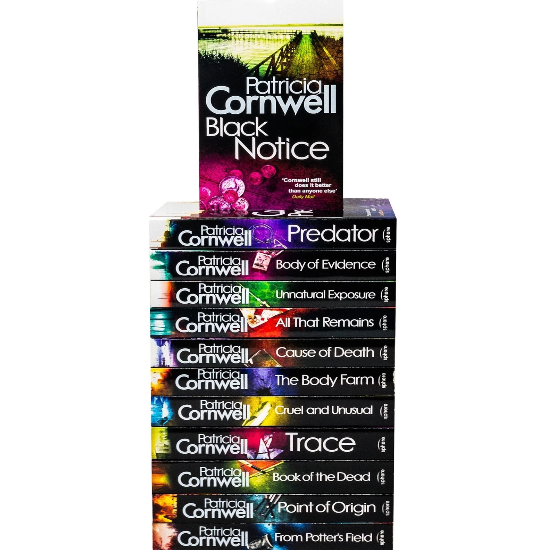 Stack of Patricia Cornwell book titles on a white background