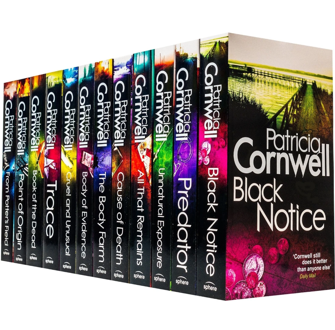Collection of Patricia Cornwell books with colorful covers on a white background