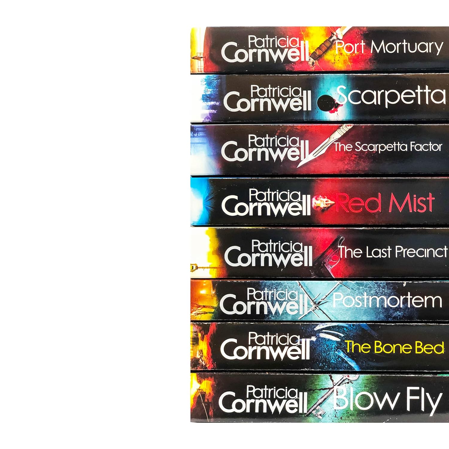 Stack of books by Patricia Cornwell on a white background