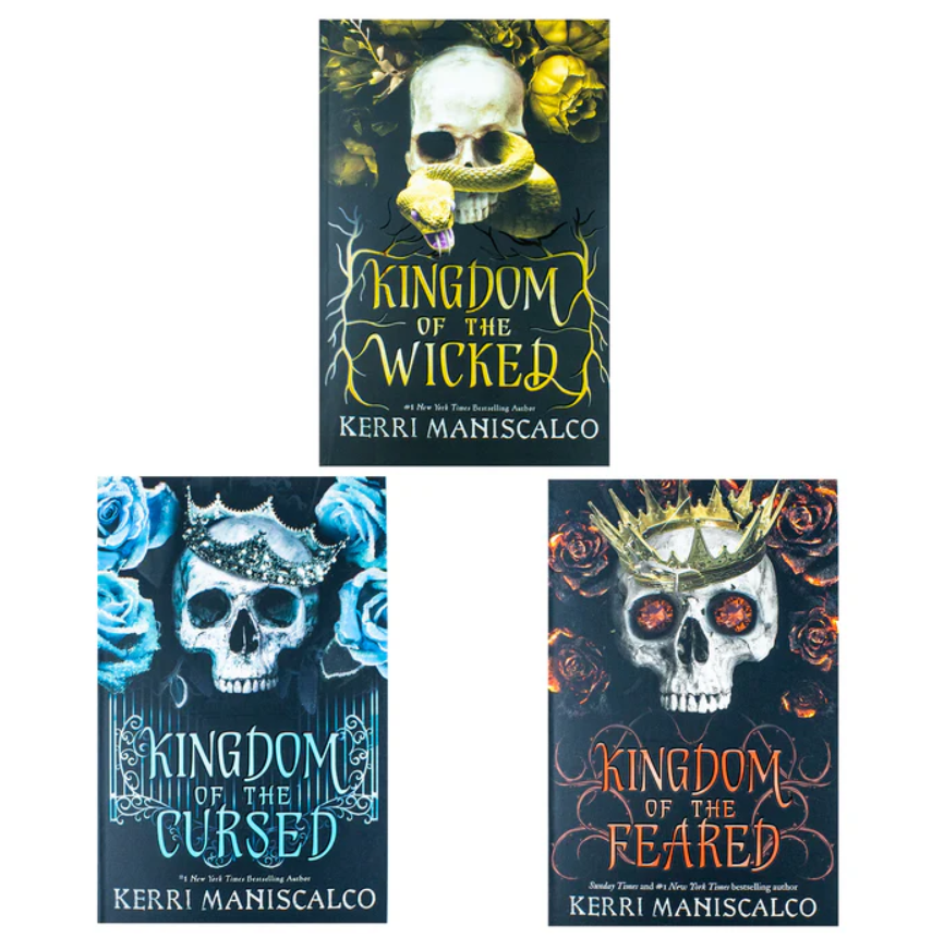 Three book covers of 'Kingdom' series by Kerri Maniscalco featuring skulls and roses on a white background.