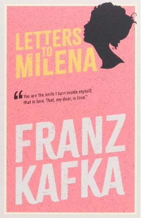 Cover of the book 'Letters to Milena' by Franz Kafka, featuring a silhouette of a woman's profile in pink tones.
