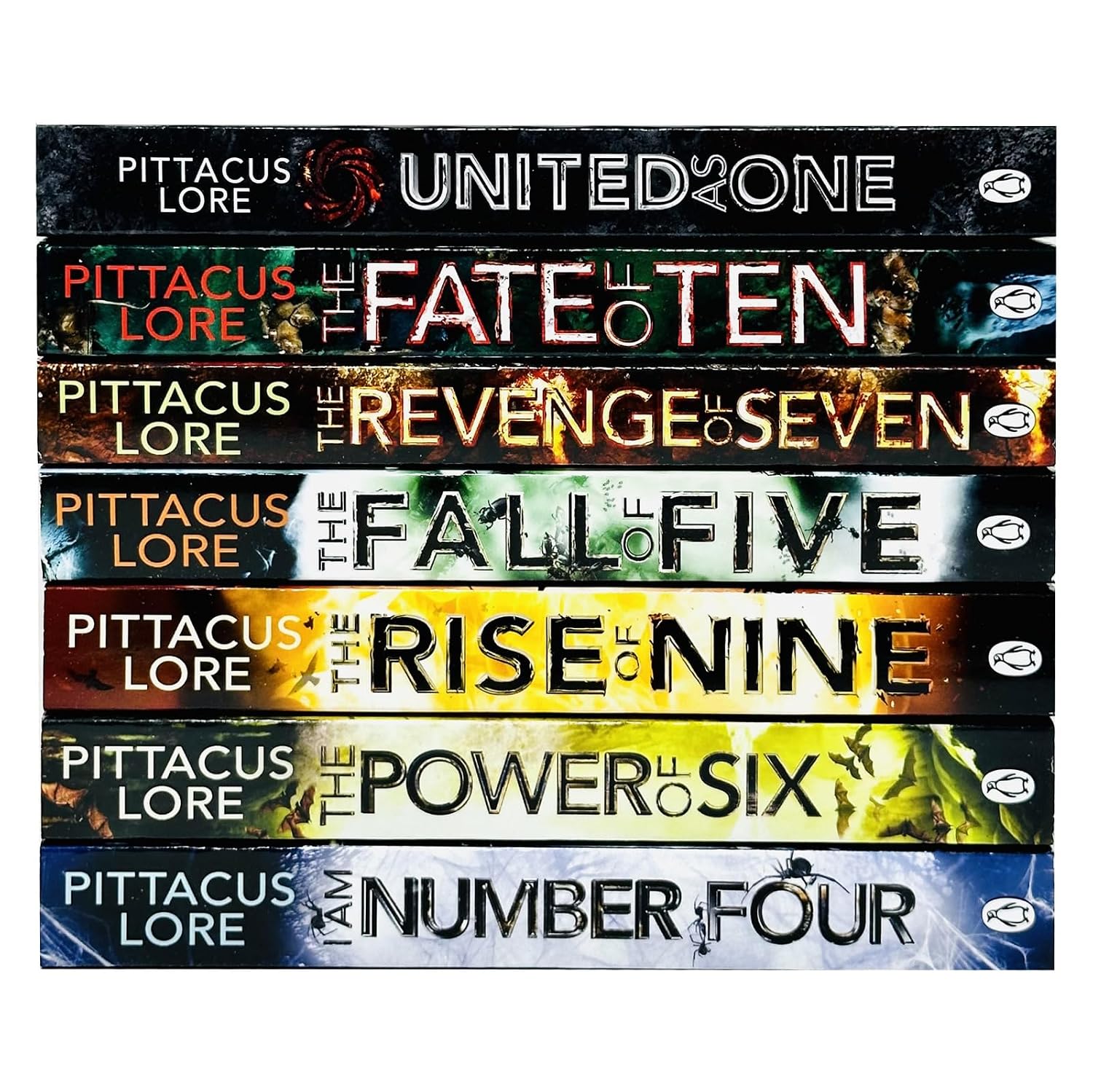 Stack of books by Pittacus Lore with colorful covers on a white background