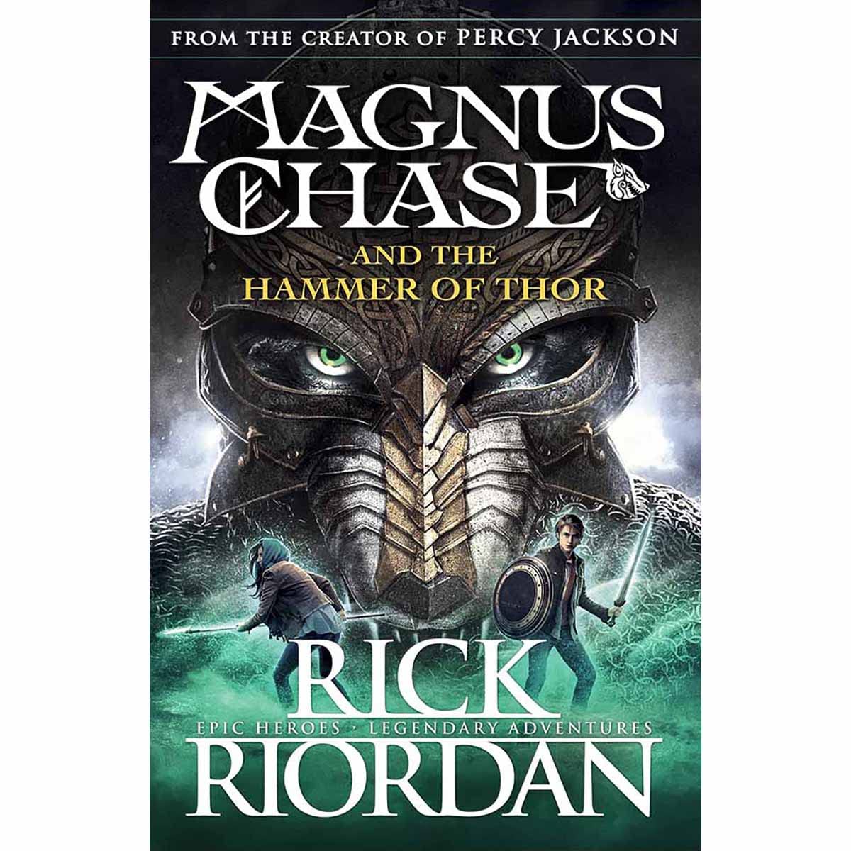Book cover of 'Magnus Chase and the Hammer of Thor' by Rick Riordan featuring a helmet and characters.