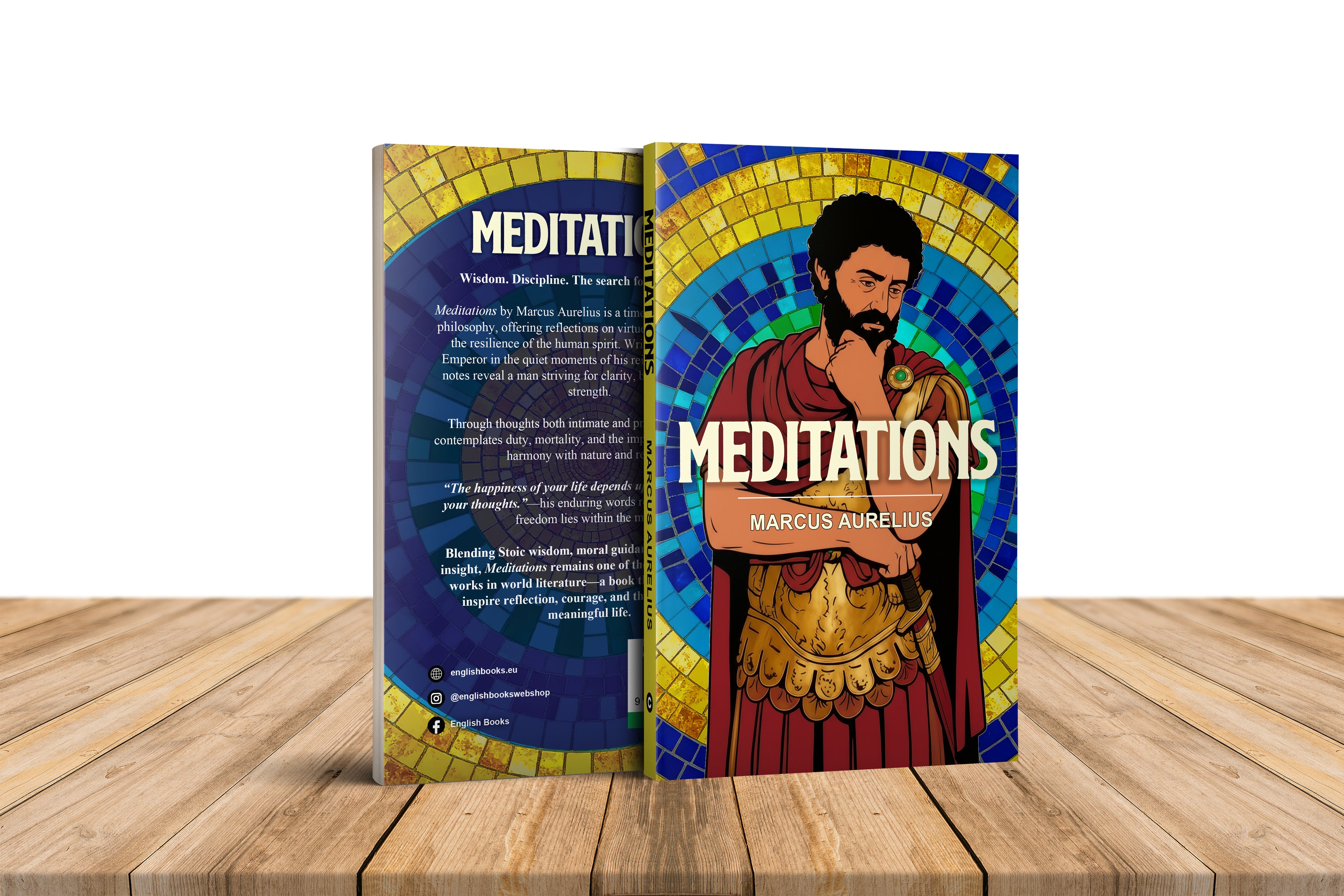 Book titled 'Meditations' with a classical design on a wooden surface