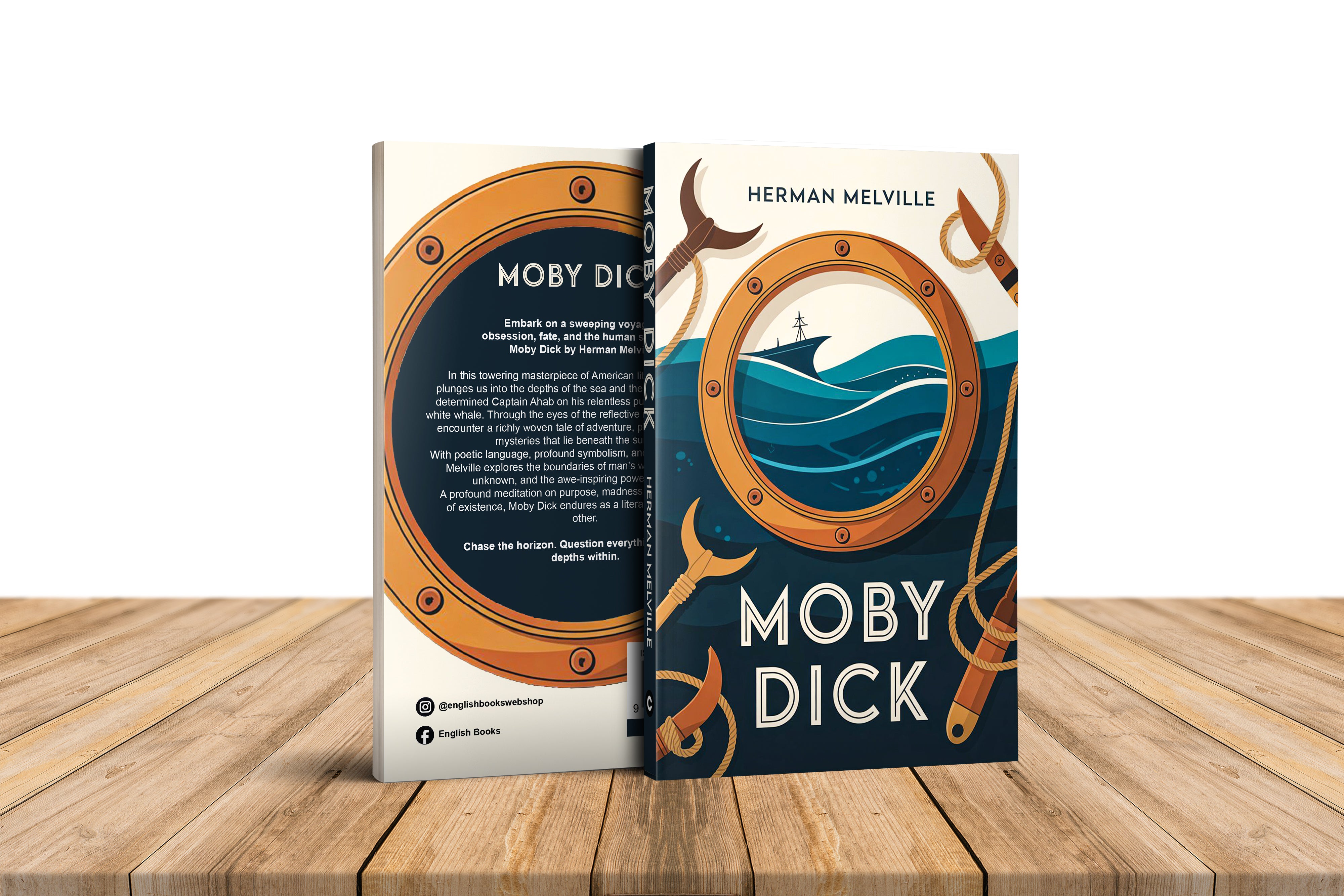 Book cover of 'Moby Dick' by Herman Melville on a wooden surface