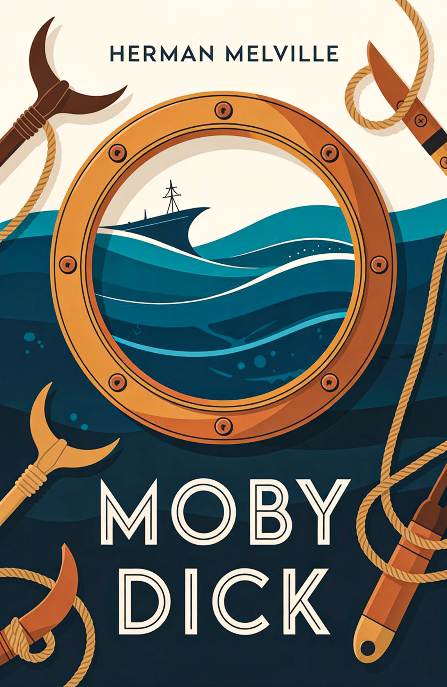Book cover of 'Moby Dick' by Herman Melville with a ship through a porthole and nautical elements.