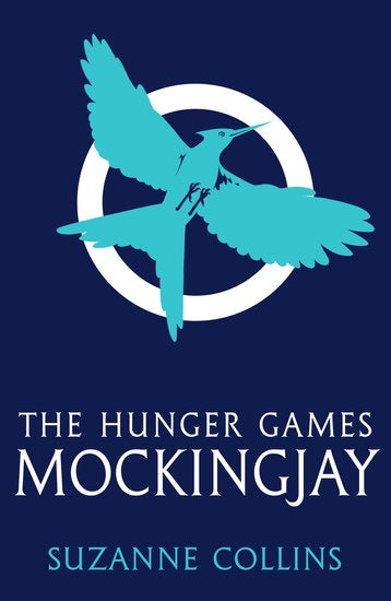 Book cover of 'The Hunger Games: Mockingjay' by Suzanne Collins with a blue bird and circular design on a dark blue background.