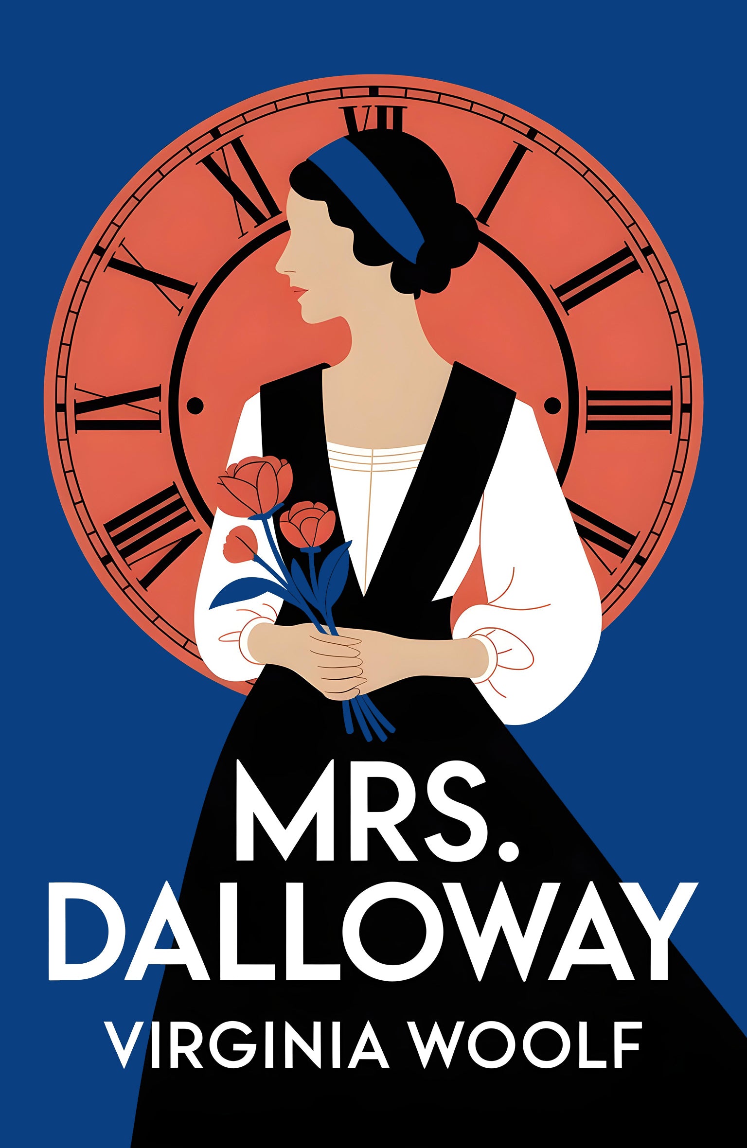 Book cover of 'Mrs. Dalloway' by Virginia Woolf with a stylized illustration of a woman holding flowers and a clock in the background.