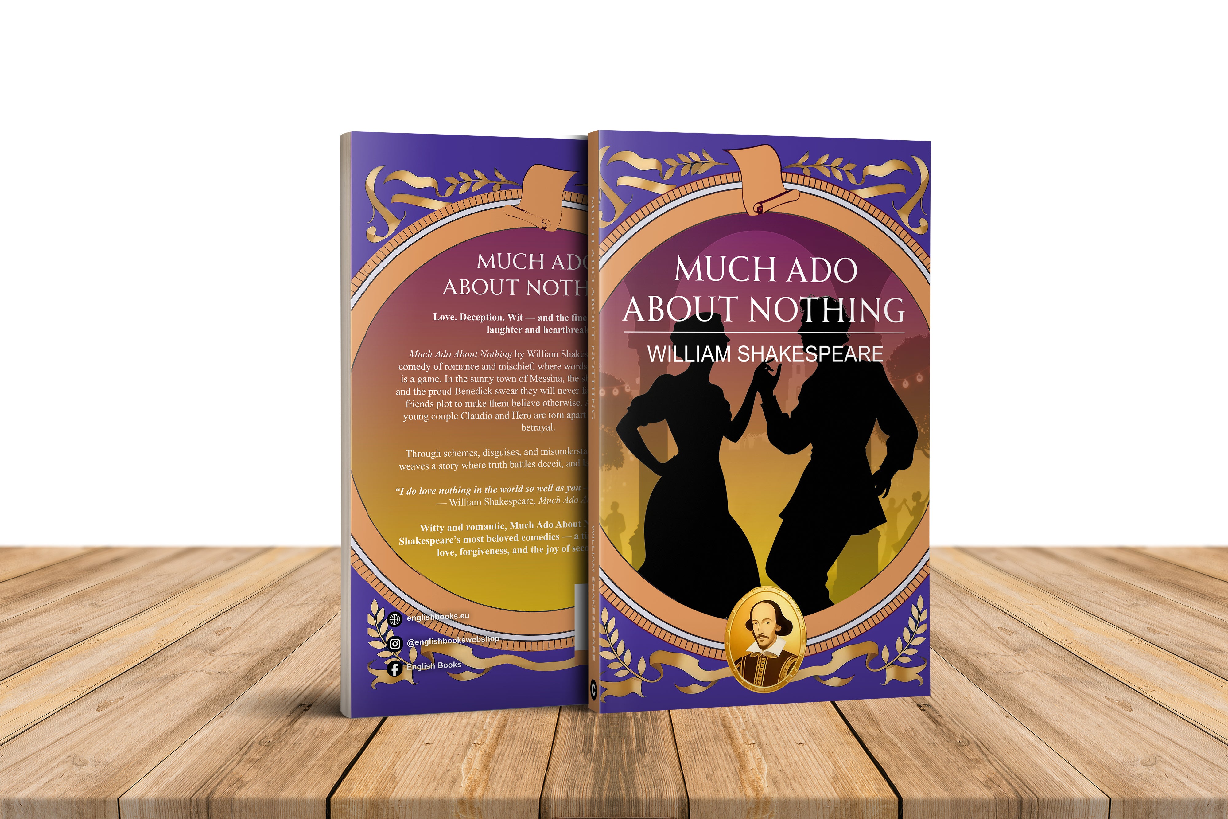 Book titled 'Much Ado About Nothing' by William Shakespeare on a wooden surface