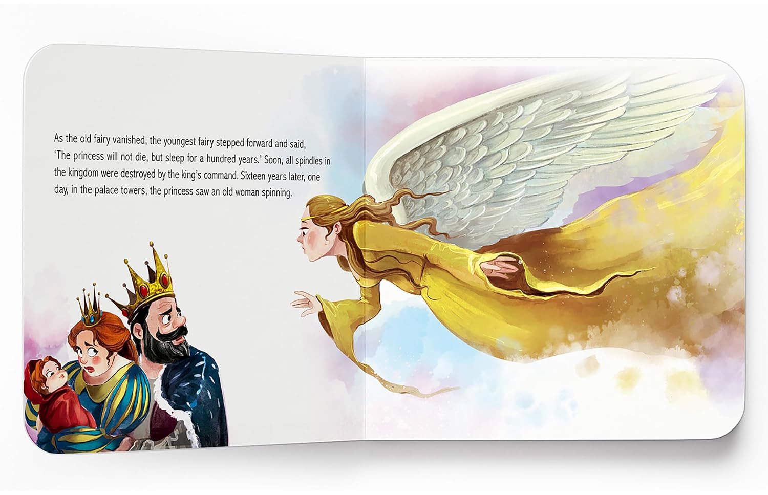 An open children's book spread showing illustrated fantasy artwork: a winged fairy in a yellow gown flying across a pastel sky, with a king, queen, and child at lower left, plus a block of printed text on the left page.