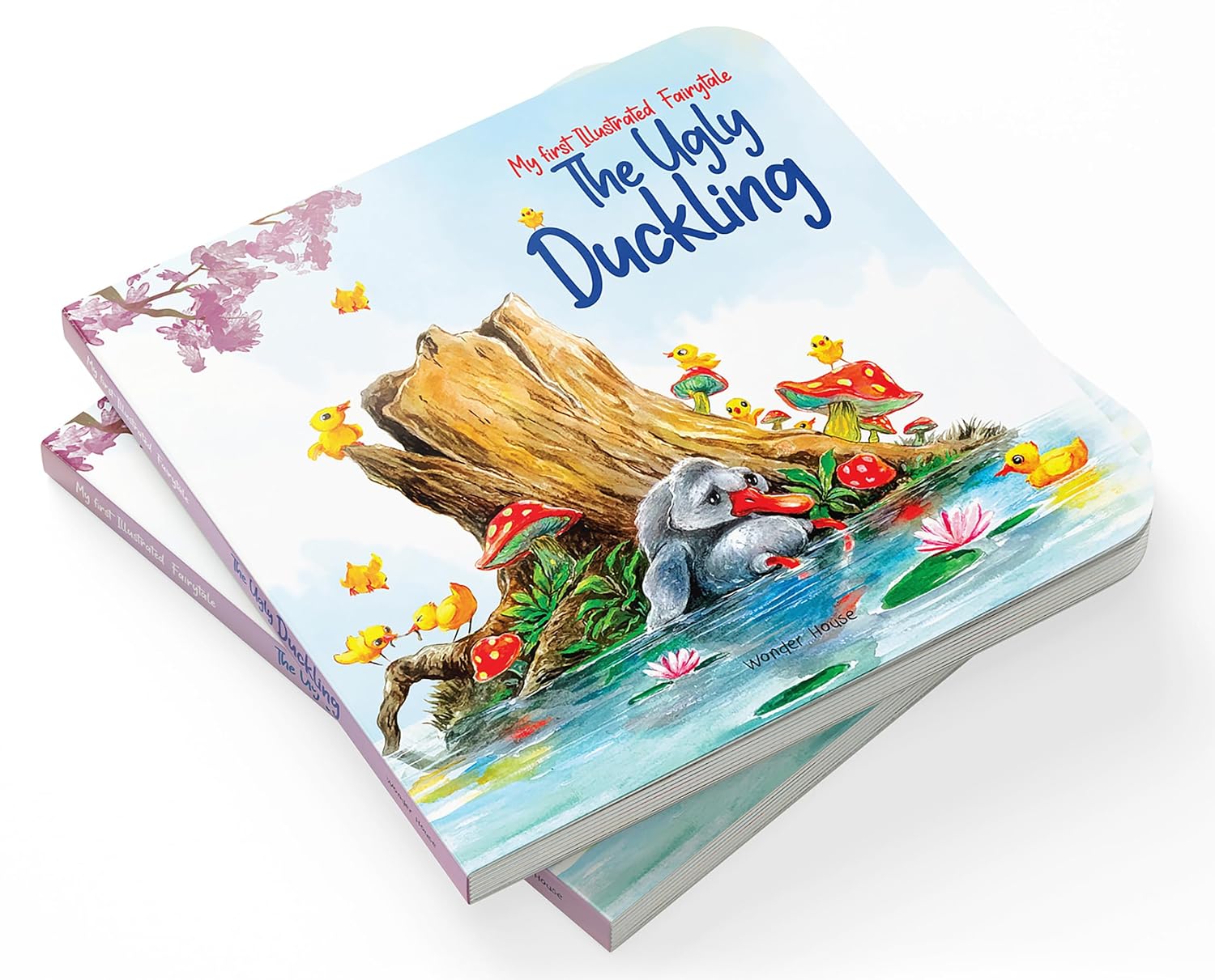 A children's board book titled 'The Ugly Duckling' shown at an angle with the front cover and one spine visible. The cover features a colorful illustration of a gray duckling in a pond with yellow ducks, red-and-white mushrooms, lily pads, and a log, on a white background.